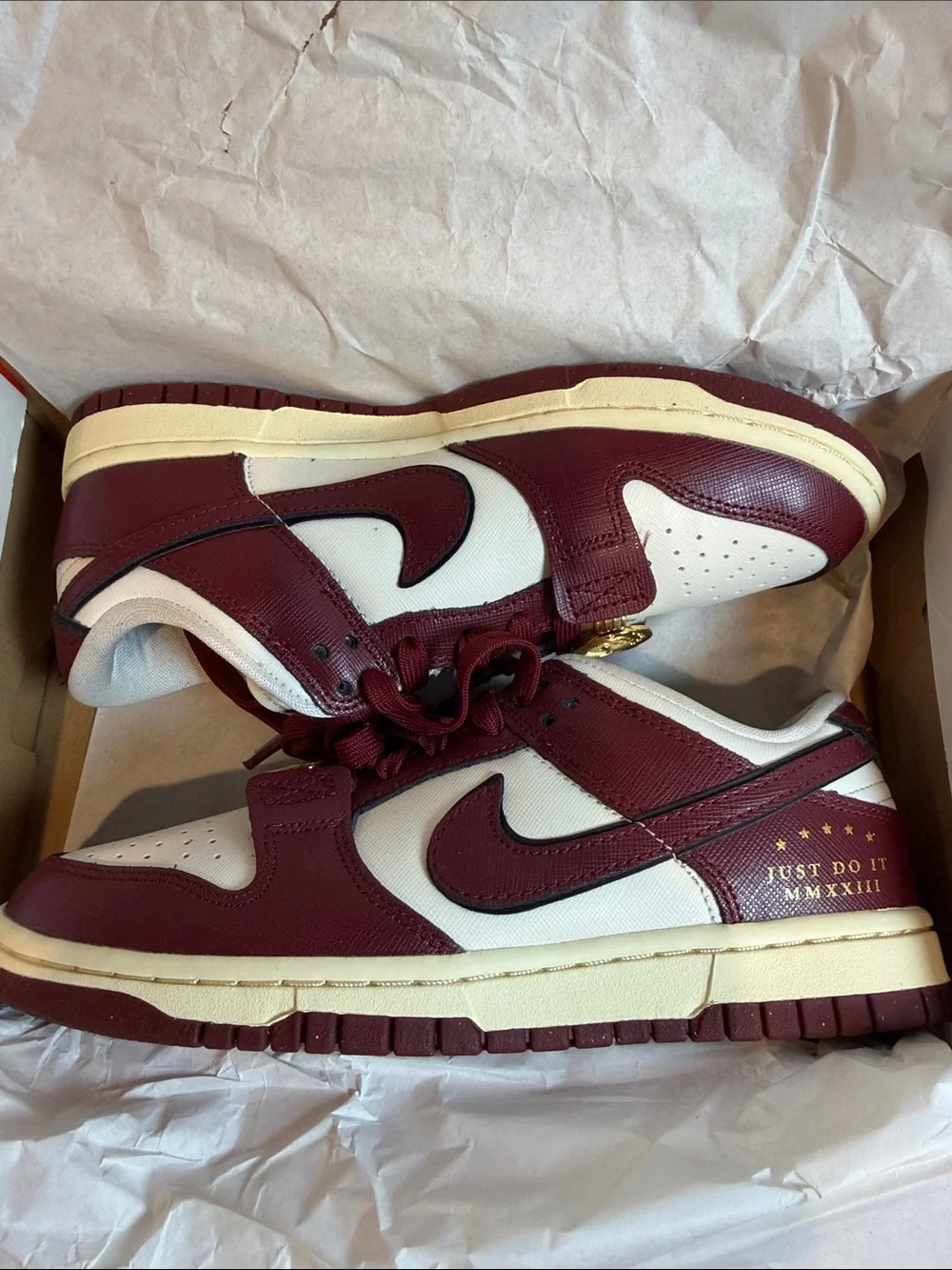 Nike Dunk Low SE Just Do It Team MMXXIII Red Sail Maroon & White Women’s 6.5